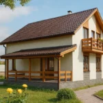 Проект дома «Р-186» из СИП-панелей, 186 м² — двухэтажный дом с бежевым фасадом, коричневой крышей и балконом | HotWell.KZ