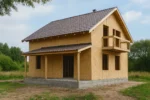 Дом «Р-186», 186 м², 1.5 этажа, в черновой отделке: коробка из СИП-панелей OSB-3, двускатная кровля из металлочерепицы, проёмы без окон и дверей, в проёмах видны сосновые балки перекрытия