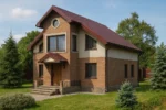 Проект дома «Р-189» из СИП-панелей, 189 м² — двухэтажный дом с кирпичным фасадом, коричневой крышей и крыльцом | HotWell.KZ