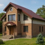 Проект дома «Р-189» из СИП-панелей, 189 м² — двухэтажный дом с кирпичным фасадом, коричневой крышей и крыльцом | HotWell.KZ