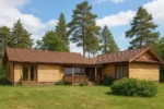 Проект дома «Р-190» из СИП-панелей, 190 м² — одноэтажный дом с деревянным фасадом, коричневой крышей и террасой | HotWell.KZ