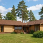 Проект дома «Р-190» из СИП-панелей, 190 м² — одноэтажный дом с деревянным фасадом, коричневой крышей и террасой | HotWell.KZ