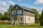 Проект дома «Р-206» из СИП-панелей, 206 м² — двухэтажный дом с серым фасадом, серой крышей и крытым крыльцом | HotWell.KZ