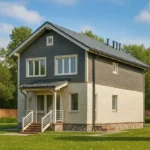 Проект дома «Р-206» из СИП-панелей, 206 м² — двухэтажный дом с серым фасадом, серой крышей и крытым крыльцом | HotWell.KZ