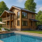 Проект дома «Р-210» из СИП-панелей, 210 м² — двухэтажный дом с деревянным фасадом, серой крышей и балконом | HotWell.KZ