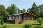 Проект дома «Р-267» из СИП-панелей, 267 м² — одноэтажный дом с белым фасадом, коричневым цоколем и террасой | HotWell.KZ
