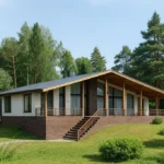 Проект дома «Р-267» из СИП-панелей, 267 м² — одноэтажный дом с белым фасадом, коричневым цоколем и террасой | HotWell.KZ