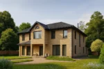 Проект дома «Р-337» из СИП-панелей, 337 м² — двухэтажный дом с бежевым фасадом, черной крышей и террасой | HotWell.KZ