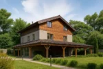 Проект дома «Р-373» из СИП-панелей, 373 м² — двухэтажный дом с деревянным фасадом, коричневой крышей и террасой | HotWell.KZ
