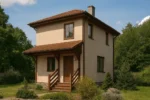 Проект дома «Р-70» из СИП-панелей, 70 м² — двухэтажный дом с бежевым фасадом, коричневой крышей и крыльцом | HotWell.KZ