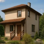 Проект дома «Р-70» из СИП-панелей, 70 м² — двухэтажный дом с бежевым фасадом, коричневой крышей и крыльцом | HotWell.KZ