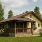 Проект дома «Р-81» из СИП-панелей, 81 м² — одноэтажный дом с бежевым фасадом, коричневой крышей и террасой | HotWell.KZ