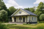 Проект дома «Р-83» из СИП-панелей, 83 м² — одноэтажный дом с жёлтым фасадом, серой крышей и крытой террасой | HotWell.KZ
