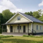 Проект дома «Р-83» из СИП-панелей, 83 м² — одноэтажный дом с жёлтым фасадом, серой крышей и крытой террасой | HotWell.KZ