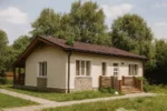 Проект дома «Р-88» из СИП-панелей, 88 м² — одноэтажный дом с бежевым фасадом, коричневой крышей и крыльцом | HotWell.KZ