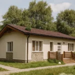 Проект дома «Р-88» из СИП-панелей, 88 м² — одноэтажный дом с бежевым фасадом, коричневой крышей и крыльцом | HotWell.KZ