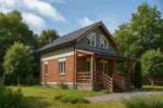 Проект дома «Р-90» из СИП-панелей, 90 м² — двухэтажный дом с кирпичным фасадом, серой крышей и крытым крыльцом | HotWell.KZ