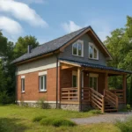 Проект дома «Р-90» из СИП-панелей, 90 м² — двухэтажный дом с кирпичным фасадом, серой крышей и крытым крыльцом | HotWell.KZ