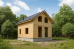 Дом «Р-90», 90 м², 1.5 этажа, в черновой отделке: коробка из СИП-панелей OSB-3, двускатная кровля из металлочерепицы, проёмы без окон и дверей, в проёмах видны сосновые балки перекрытия