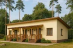 Проект дома «Р-91» из СИП-панелей, 91 м² — одноэтажный дом с бежевым фасадом, коричневой крышей и крытым крыльцом | HotWell.KZ
