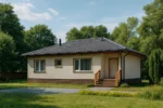 Проект дома «Р-91Б» из СИП-панелей, 91 м² — одноэтажный дом с бежевым фасадом, серой крышей и крыльцом | HotWell.KZ