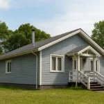 Проект дома «Р-92» из СИП-панелей, 92 м² — одноэтажный дом с серым сайдингом, серой крышей и крытым крыльцом | HotWell.KZ