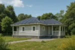 Проект дома «Р-94Б» из СИП-панелей, 94 м² — одноэтажный дом с серым фасадом, синей крышей и террасой | HotWell.KZ
