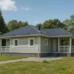 Проект дома «Р-94Б» из СИП-панелей, 94 м² — одноэтажный дом с серым фасадом, синей крышей и террасой | HotWell.KZ