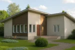 Проект дома «С-100» из СИП-панелей, 100 м² — одноэтажный дом с белым фасадом, коричневыми вставками и плоской крышей | HotWell.KZ