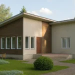 Проект дома «С-100» из СИП-панелей, 100 м² — одноэтажный дом с белым фасадом, коричневыми вставками и плоской крышей | HotWell.KZ