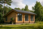 Проект дома «С-100Б» из СИП-панелей, 100 м² — одноэтажный дом с деревянным фасадом, серой крышей и панорамными окнами | HotWell.KZ