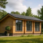 Проект дома «С-100Б» из СИП-панелей, 100 м² — одноэтажный дом с деревянным фасадом, серой крышей и панорамными окнами | HotWell.KZ