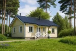 Проект дома «С-102» из СИП-панелей, 102 м² — одноэтажный дом с жёлтым фасадом, синей крышей и крыльцом | HotWell.KZ