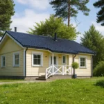 Проект дома «С-102» из СИП-панелей, 102 м² — одноэтажный дом с жёлтым фасадом, синей крышей и крыльцом | HotWell.KZ