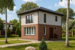 Проект дома «С-104» из СИП-панелей, 104 м² — двухэтажный дом с кирпичным фасадом и черной крышей | HotWell.KZ