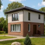 Проект дома «С-104» из СИП-панелей, 104 м² — двухэтажный дом с кирпичным фасадом и черной крышей | HotWell.KZ