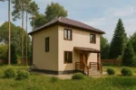 Проект дома «С-105» из СИП-панелей, 105 м² — двухэтажный дом с бежевым фасадом, коричневой крышей и крытым крыльцом | HotWell.KZ