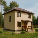 Проект дома «С-105» из СИП-панелей, 105 м² — двухэтажный дом с бежевым фасадом, коричневой крышей и крытым крыльцом | HotWell.KZ