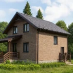 Проект дома «С-105Б» из СИП-панелей, 105 м² — двухэтажный дом с кирпичным фасадом, серой крышей и крытым крыльцом | HotWell.KZ
