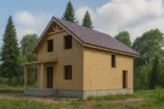 Дом «С-105Б», 105 м², 1.5 этажа, в черновой отделке: коробка из СИП-панелей OSB-3, двускатная кровля из металлочерепицы, проёмы без окон и дверей, в проёмах видны сосновые балки перекрытия