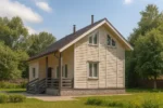 Проект дома «С-108Б» из СИП-панелей, 108 м² — двухэтажный дом с бежевым фасадом, коричневой крышей и крытым крыльцом | HotWell.KZ