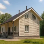 Проект дома «С-108Б» из СИП-панелей, 108 м² — двухэтажный дом с бежевым фасадом, коричневой крышей и крытым крыльцом | HotWell.KZ