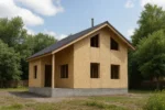 Дом «С-108Б», 108 м², 1.5 этажа, в черновой отделке: коробка из СИП-панелей OSB-3, двускатная кровля из металлочерепицы, проёмы без окон и дверей, в проёмах видны сосновые балки перекрытия