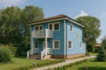 Проект дома «С-112» из СИП-панелей, 112 м² — двухэтажный дом с синим фасадом, коричневой крышей и балконом | HotWell.KZ