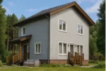 Проект дома «С-116» из СИП-панелей, 116 м² — двухэтажный дом с серым фасадом, черной крышей и крыльцом | HotWell.KZ