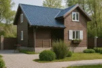 Проект дома «С-119В» из СИП-панелей, 119 м² — двухэтажный дом с коричневым фасадом, синей крышей и крыльцом | HotWell.KZ