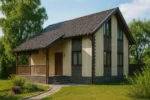 Проект дома «С-120» из СИП-панелей, 120 м² — двухэтажный дом с бежевым фасадом, темной крышей и террасой | HotWell.KZ