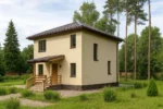 Проект дома «С-121В» из СИП-панелей, 121 м² — двухэтажный дом с бежевым фасадом, коричневой крышей и крытым крыльцом | HotWell.KZ