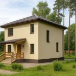 Проект дома «С-121В» из СИП-панелей, 121 м² — двухэтажный дом с бежевым фасадом, коричневой крышей и крытым крыльцом | HotWell.KZ