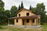 Дом «С-121В», 121 м², 1.5 этажа, в черновой отделке: коробка из СИП-панелей OSB-3, двускатная кровля из металлочерепицы, проёмы без окон и дверей, в проёмах видны сосновые балки перекрытия